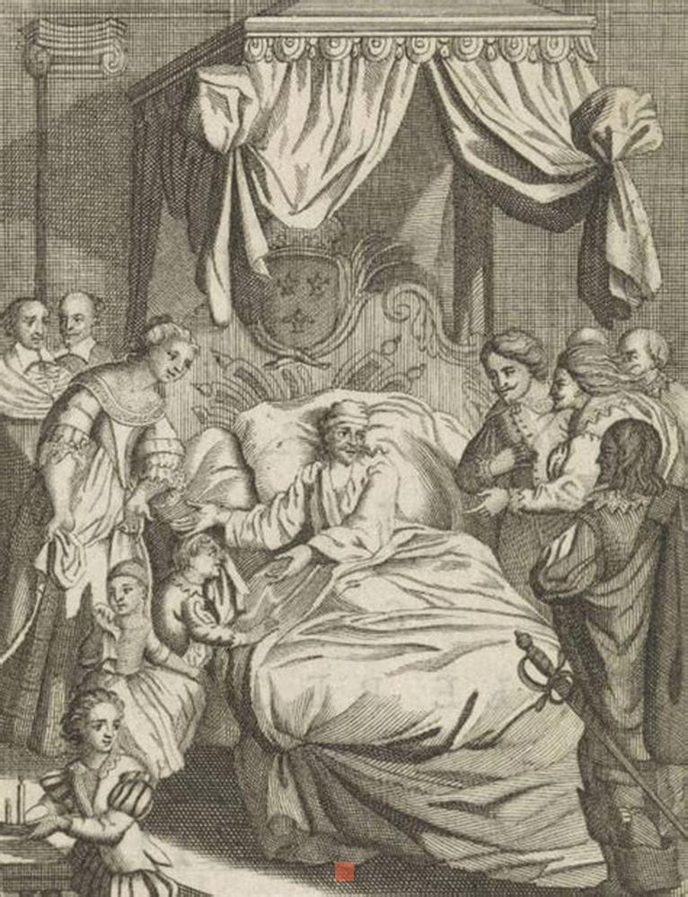 A la mort de Louis XIII le 14 mai 1643, la traditionnelle et célèbre formule « Le Roi est mort, Vive le Roi » est prononcée devant la dépouille du souverain, emporté par la maladie de Crohn . Mais les dernières semaines du roi furent bien occupées, car il lui a fallu penser à sa succession et baptiser son héritier. Déjà bien malade, il sort pour la dernière fois le 15 février 1643 à Versailles, lors d’un souper offert à son frère Gaston après leur réconciliation. Il rentre ensuite à Saint Germain, au Château Vieux pour s’aliter le 21, il ne se lèvera presque plus.