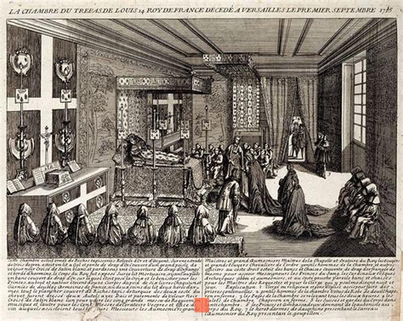 La mort de Louis XIV a lieu le 1er septembre 1715 aux alentours de 8 h 15. Elle signe non seulement la mort et la fin d'un règne personnel de 54 ans, mais surtout un changement de main, avec la lutte de succession qui s'ensuivit au Parlement de Paris, au profit de son neveu Philippe d'Orléans nommé régent du royaume. Le système de polysynodie émerge de l'alliance entre Philippe d'Orléans et les parlementaires.