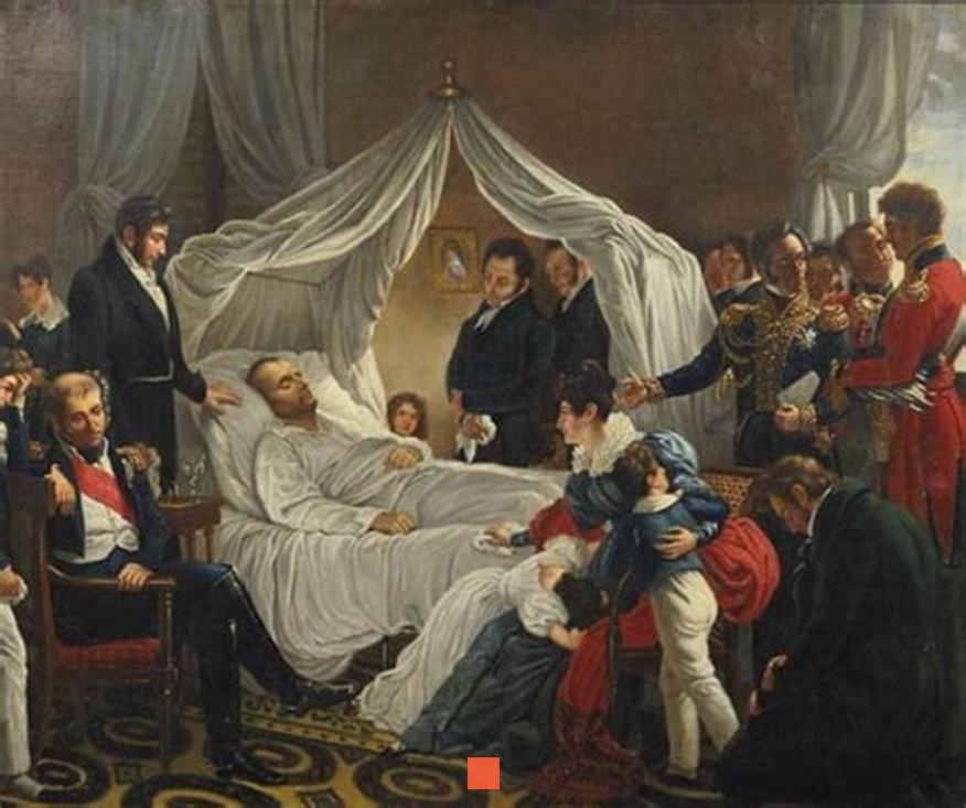 Le 5 mai 1821, à Sainte-Hélène, la mort de Napoléon Ier est due aux complications d'un ulcère, officiellement d'un cancer de l'estomac, peut-être aggravé par une intoxication à l'arsenic. Inhumé sur l'île le 9 mai, le corps de l'Empereur est officiellement rapatrié en France, à Paris, aux Invalides en 1840, sur ordre du roi Louis-Philippe Ier. Les circonstances et les causes exactes de sa mort restent en suspens. Entre légendes et controverses scientifiques, l'histoire ne saurait faire l'impasse sur les conditions austères de détention à Sainte-Hélène, difficilement compatibles avec le tempérament de l'Empereur, dont le moral s'effondre progressivement. C'est une certitude, Napoléon Bonaparte prend le temps de rédiger son testament le 15 avril 1821, avant de sombrer dans une agonie qui l'emporte le 5 mai 1821.
